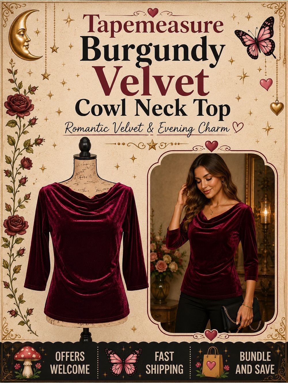 Tapemeasure Burgundy Velvet Cowl Neck Top 3/4 Sleeve Wine Red Blouse Size Small